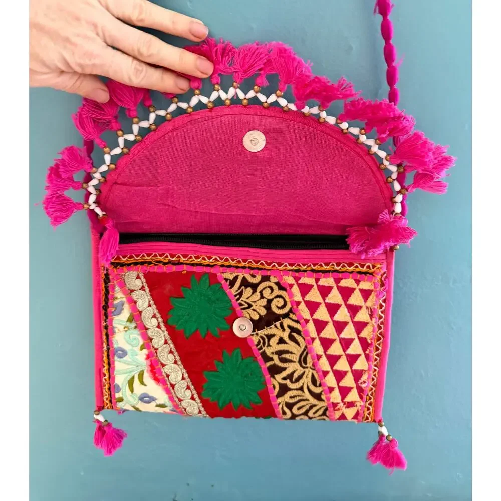 Rajasthani Banjara Patchwork Crossbody Clutch Bag Hot Pink Tassels Mirror Boho